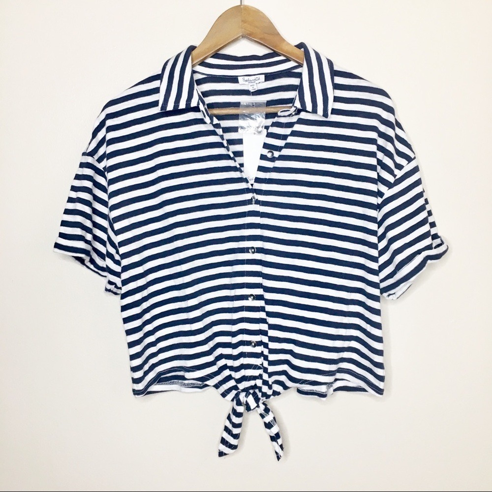 Splendid Navy White Striped Tie Front Button Down Top RF0011X